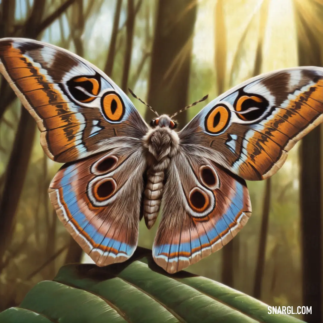 Butterfly with orange and blue wings on a leaf in a forest with sunlight streaming through the trees