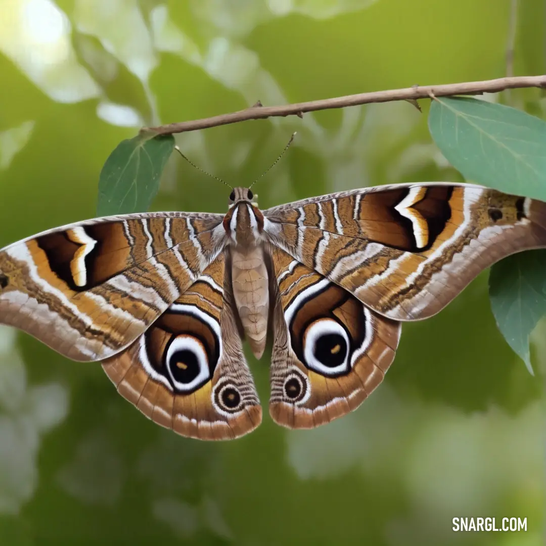 Large butterfly with a brown and white pattern on its wings on a branch with leaves around it