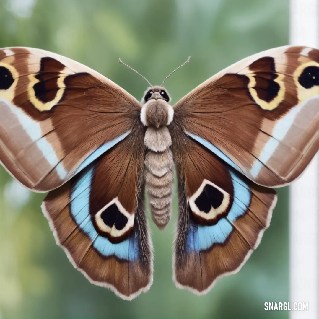 Large butterfly with brown and blue wings and a black and white stripe on its wings