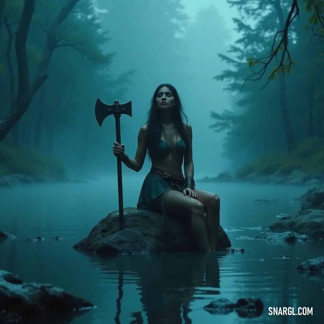 A fearless young woman on a river rock, holding an axe and sceptula. A fearless young woman perches on a rock in a gently flowing river, wielding an axe and sceptula, showcasing her wild spirit as the water dances around her feet.