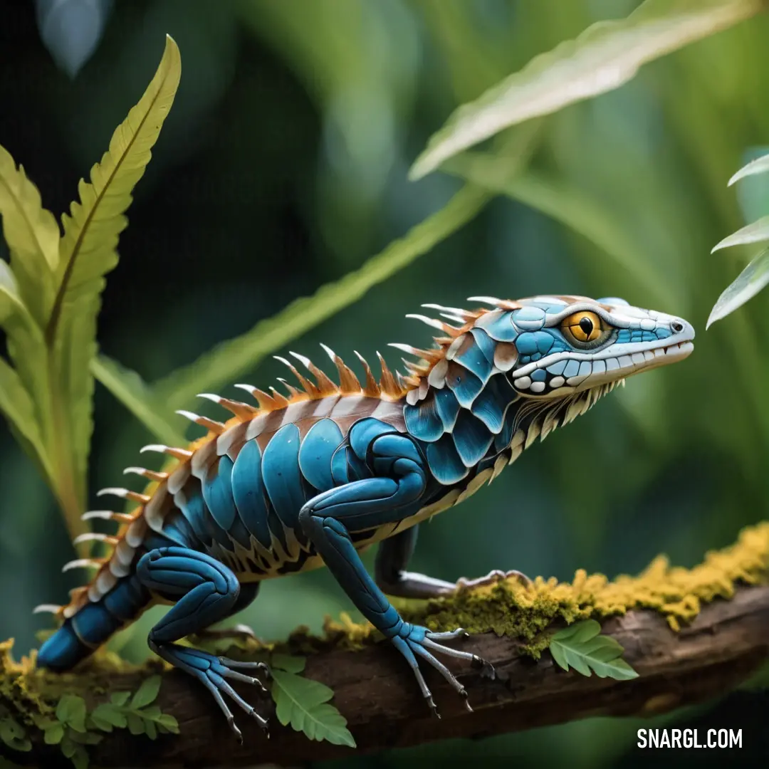 Blue and orange lizard on a branch in a forest with green leaves and a fern behind it