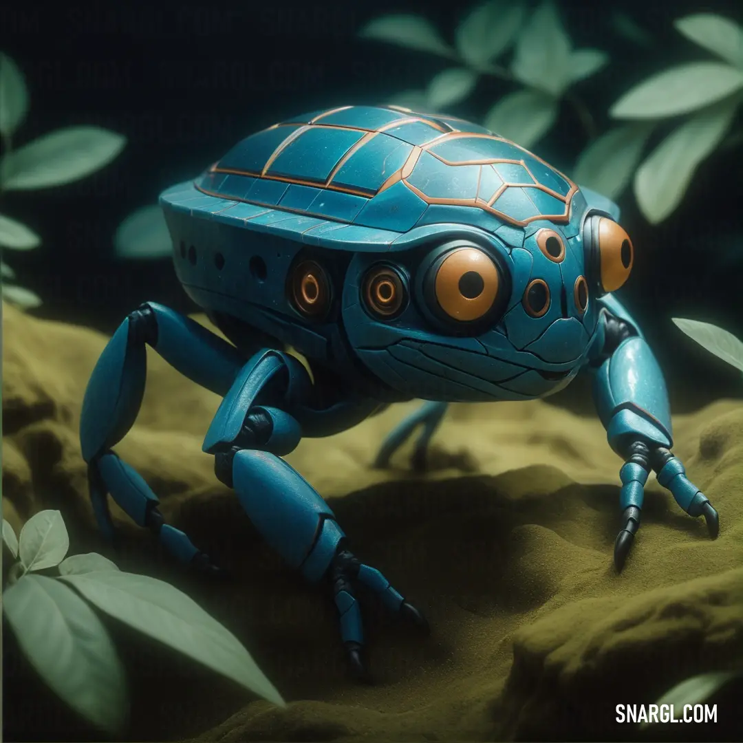 Blue crab with orange eyes and a helmet on its head is standing on a rock in the middle of a forest