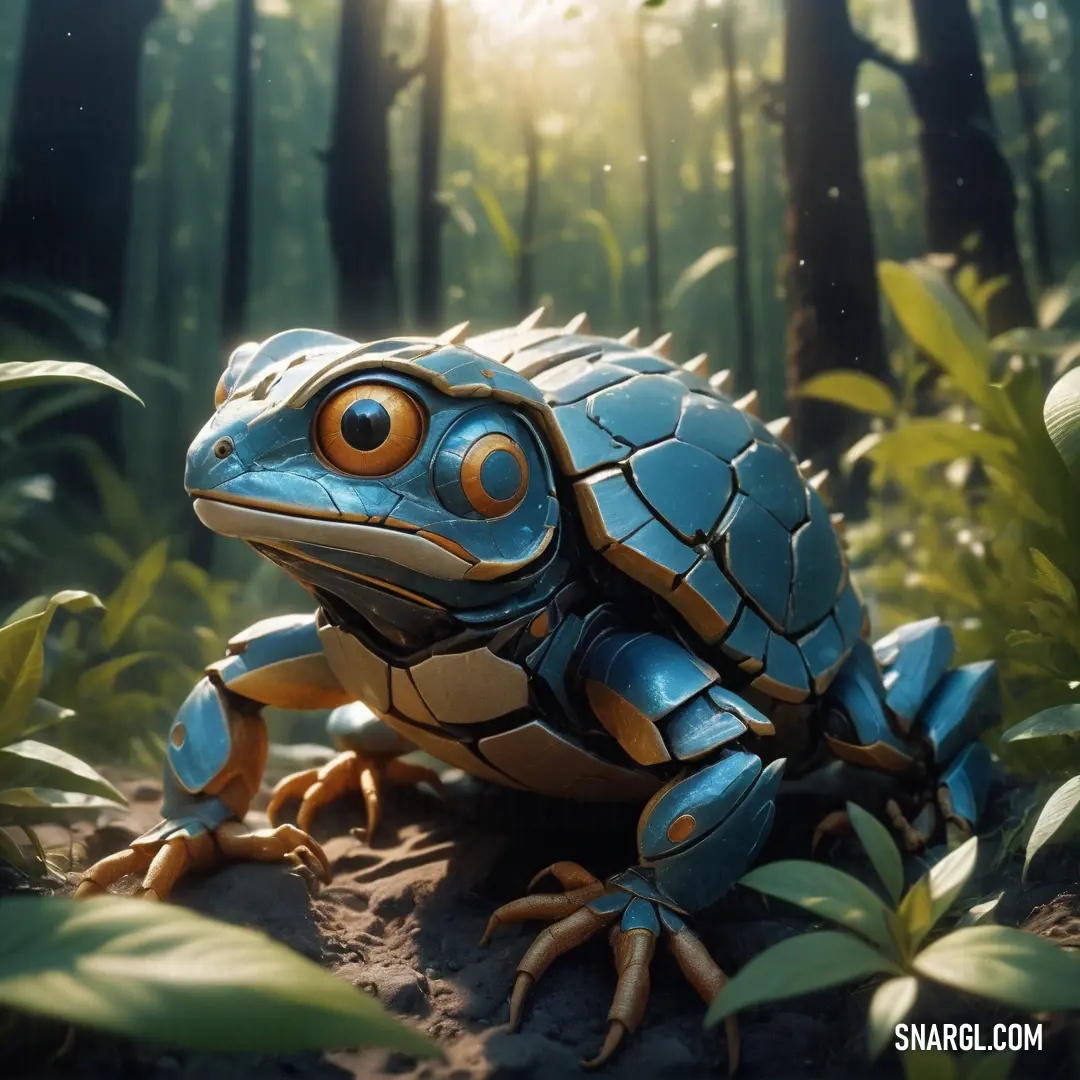Blue frog on top of a dirt ground in a forest filled with green plants and trees with sunlight shining through the leaves