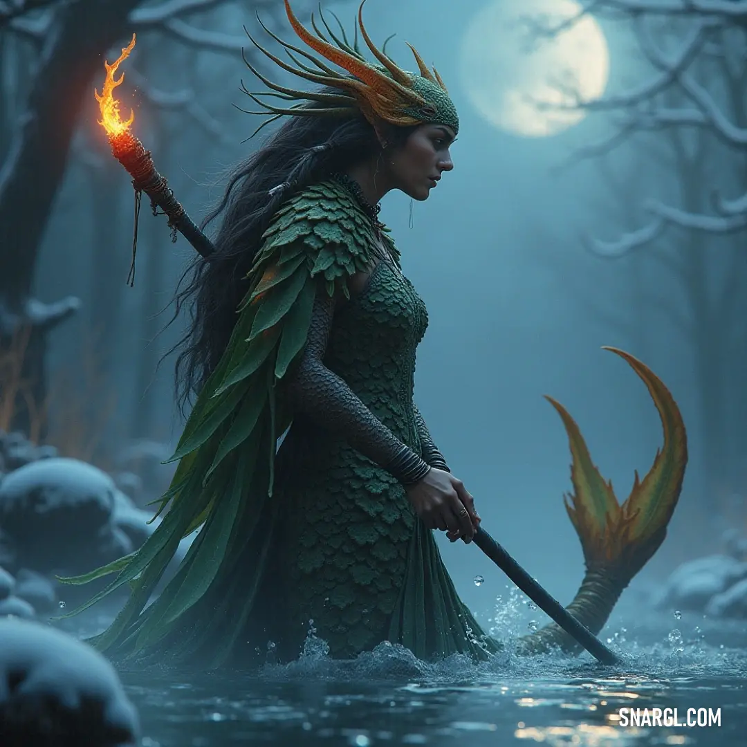 Amidst a wintry wonderland, Calliope commands attention in a flowing green dress, poised gracefully in a river, embodying the spirit of nature and strength. Calliope, dressed elegantly in green, holds a staff and fire stick as she stands confidently in a river, framed by snow-laden trees that reflect winter's embrace.