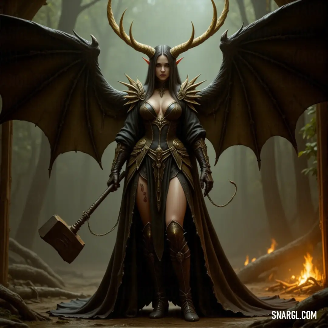 Callista, wielding a hammer and axe, stands in a forest engulfed in flames, her wings and horns adding to her fierce presence. In a mystical forest engulfed by flames, Callista stands confidently with horns, wings, and both a hammer and axe in hand. Her fierce expression and powerful stance hint at her readiness to conquer whatever dangers lurk in the fiery woods.