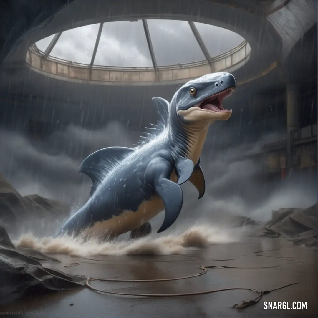 Callorhynchus is running through a puddle of water in a stadium with a dome window in the background
