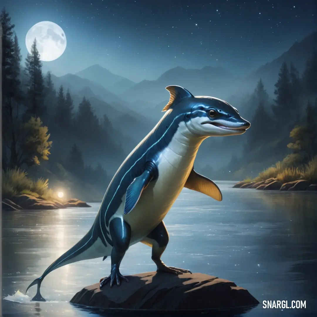 Dolphin standing on a rock in the water at night with a full moon in the background