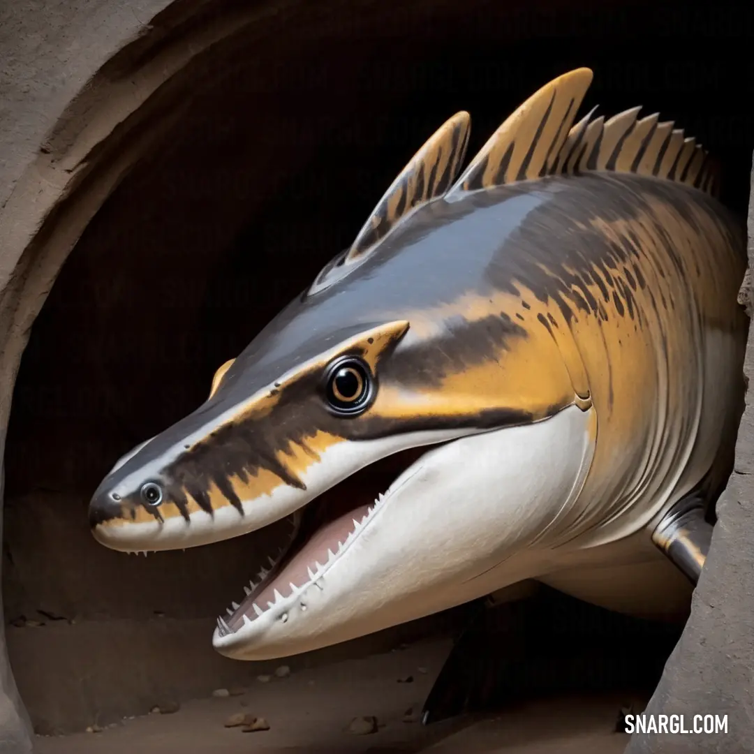 Fake shark is in a cave with its mouth open and teeth wide open