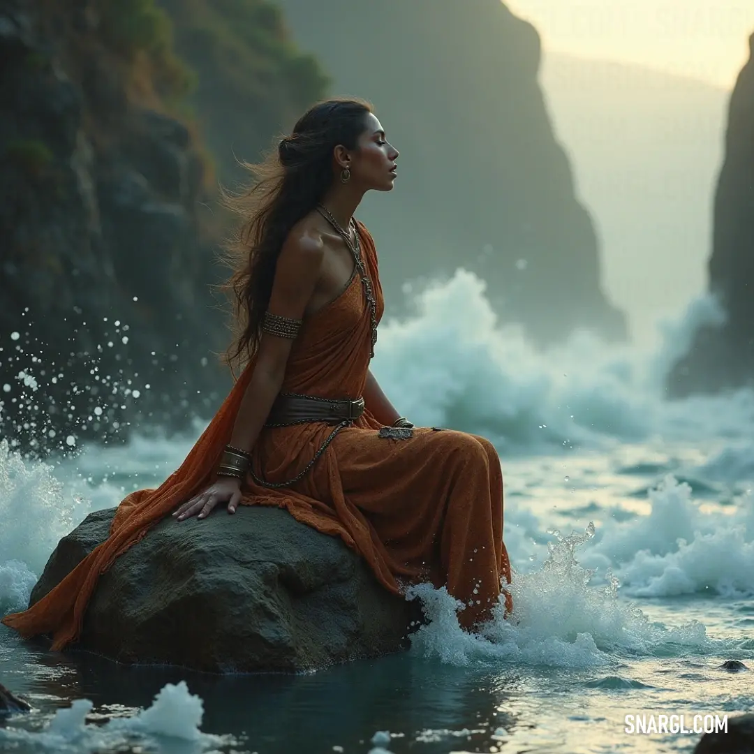 Cally, adorned in a flowing dress, strikes a stunning pose on a rocky ledge, embraced by the beauty of cliffs and water around her. Cally stands gracefully on a rock near a cliff, her long dress billowing in the breeze, framed by a stunning landscape of shimmering water and rugged cliff faces that enhance her ethereal presence.