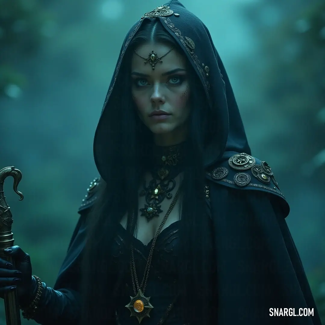 A powerful figure stands in a forest, holding a sword and staff, embodying strength amidst the tranquil beauty of nature. Amidst a tranquil forest backdrop, a powerful figure dressed in black holds both a sword and a staff, commanding attention and embodying strength, as the trees frame her poised stance in a striking union of nature and mystique.