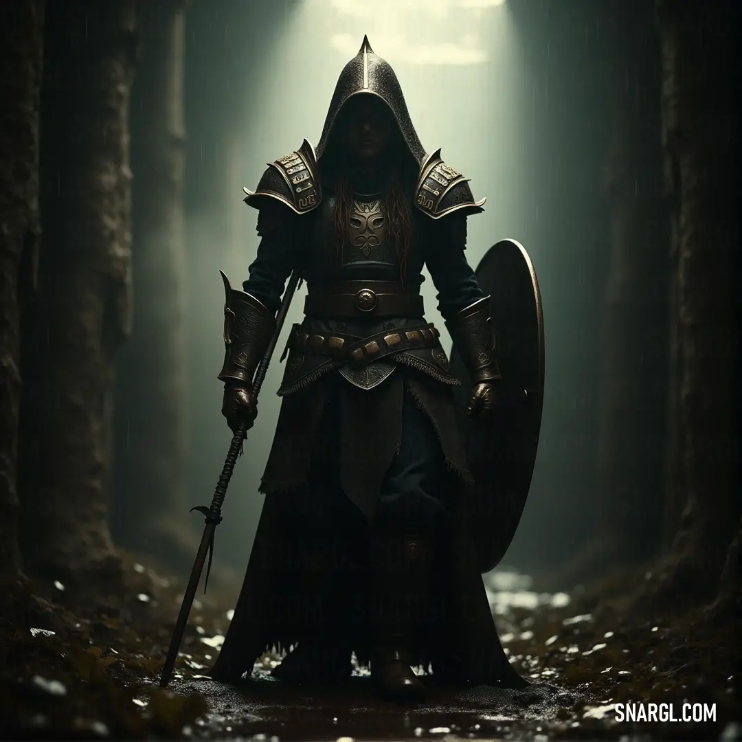 A warrior in a hooded suit, armed with a sword and shield, stands in a dark, enchanted forest with light streaming through the trees. A mysterious warrior clad in a hooded suit stands in a shadowy forest, holding a sword and shield, as beams of light pierce through the dense trees, illuminating the scene in an ethereal glow.