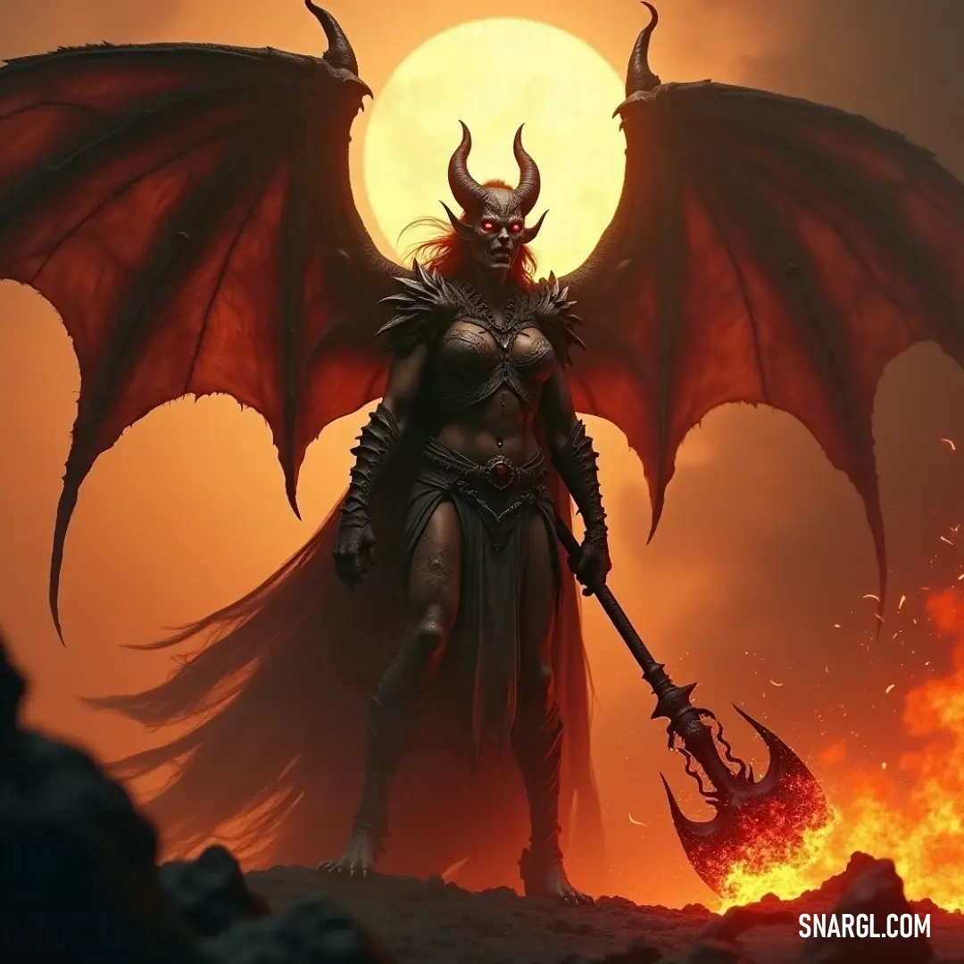 Demonic Calypso, with a sword in hand and fire blazing behind her, stands as a force of power and defiance, her figure illuminated by the fiery explosion. A fierce demonic figure, Calypso, stands boldly in front of a fireball with flames pouring from its mouth. Her massive sword is ready for battle, exuding strength and defiance as the fiery backdrop intensifies her powerful presence.