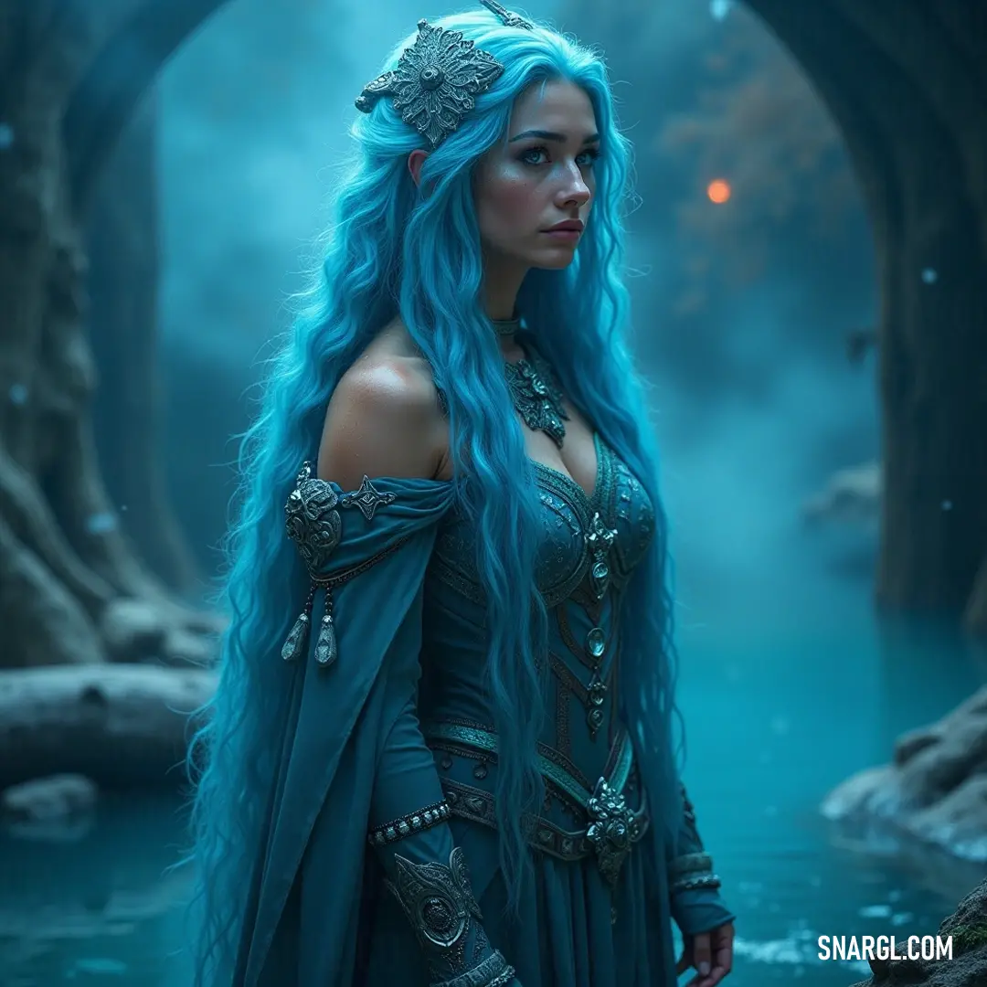 A graceful beauty adorned with a tiara and blue hair stands amidst a stunning forest, captured in a serene moment by a twinkling stream. A serene forest scene features a radiant figure adorned with a golden tiara and striking blue hair, gracefully standing by a gentle stream, as sunlight filters through the leafy canopy above, creating a magical atmosphere.