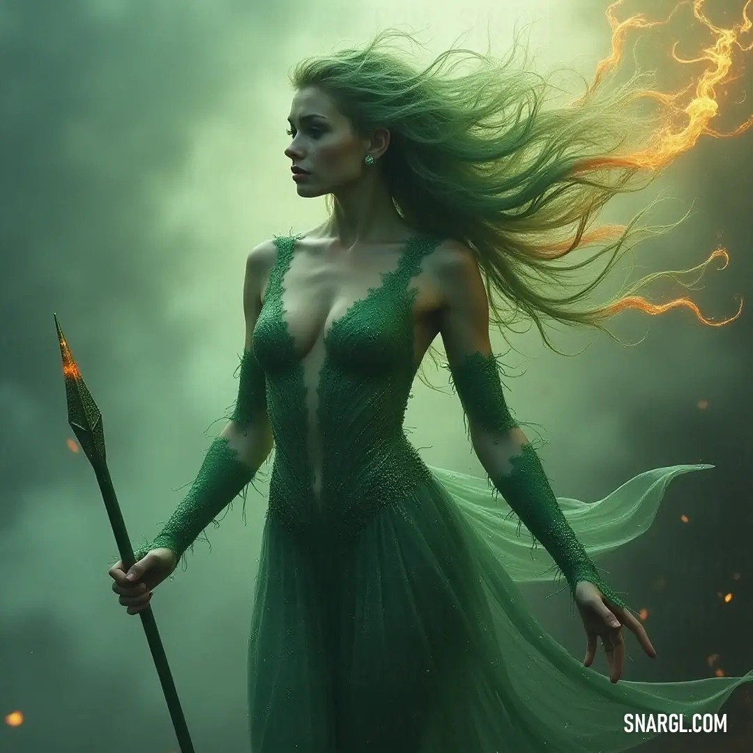 An entrancing portrayal of Calypso in a lush green dress, armed with a spear and flame, symbolizing her commanding presence and enigmatic spirit. Calypso, dressed in a vibrant green gown, radiates power and grace as she holds a majestic spear in one hand and a flickering flame in the other, surrounded by an aura of mystique and strength.