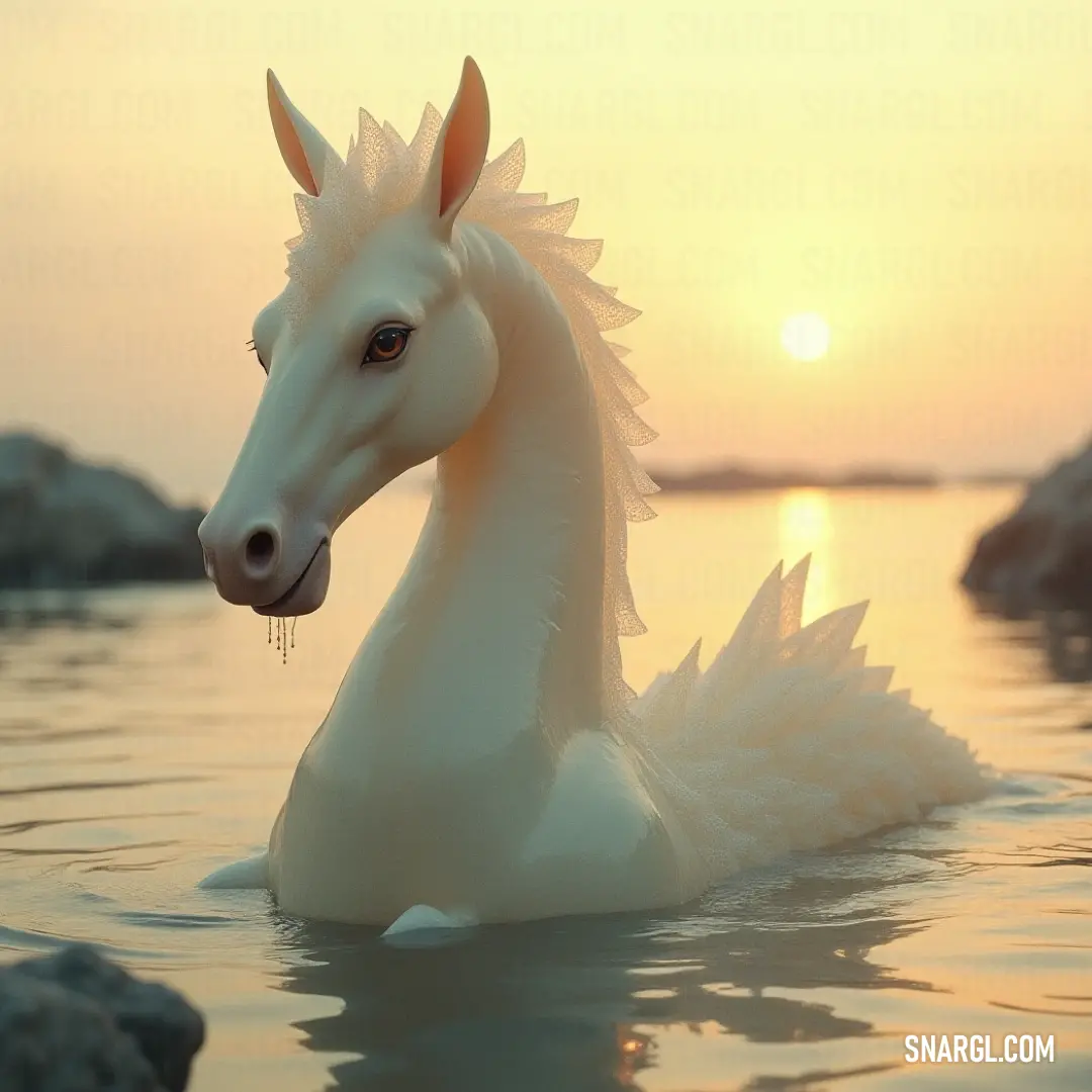 Calypso's enchanting Steed gracefully floating in luminescent waters at twilight, its presence a sight of beauty and serenity. Calypso's Steed floats effortlessly in tranquil waters, surrounded by the soft hues of sunset, its serene expression reflecting the colorful sky as it embodies the enchanting magic of twilight.