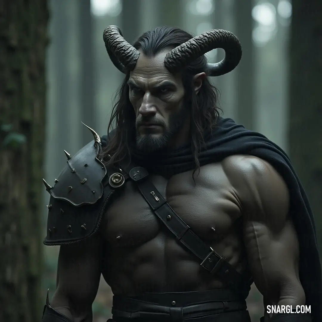 Amidst a verdant backdrop, a horned figure draped in a flowing cape embodies the spirit of the forest, merging seamlessly with the enchanting surroundings. Thyrsus adorned with prominent horns and a flowing cape stands among majestic trees in the forest, embodying a connection to nature and the mysteries that dwell within.