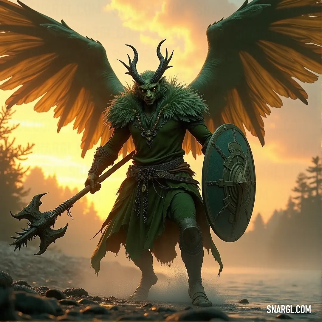 Camael, the horned celestial warrior, holding a sword and shield, a symbol of divine protection. A powerful depiction of Camael, a celestial warrior, holding a shield in one hand and a sword in the other. With majestic wings and a body adorned with horns, Camael stands as a beacon of strength and protection.