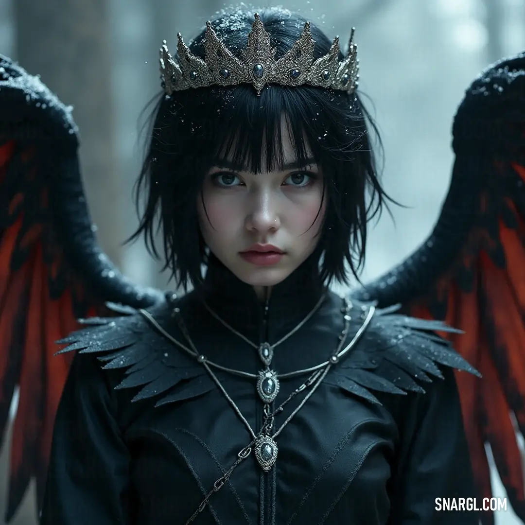 A mystical figure dressed in black with a crown and wings radiates elegance and strength, adorned with striking red feathers and a powerful chain. An enchanting figure adorned with a sparkling crown and delicate wings captivates the viewer. She wears an elegant black dress accentuated with striking red feathers, standing confidently with a chain that adds a fierce touch to her ethereal appearance.