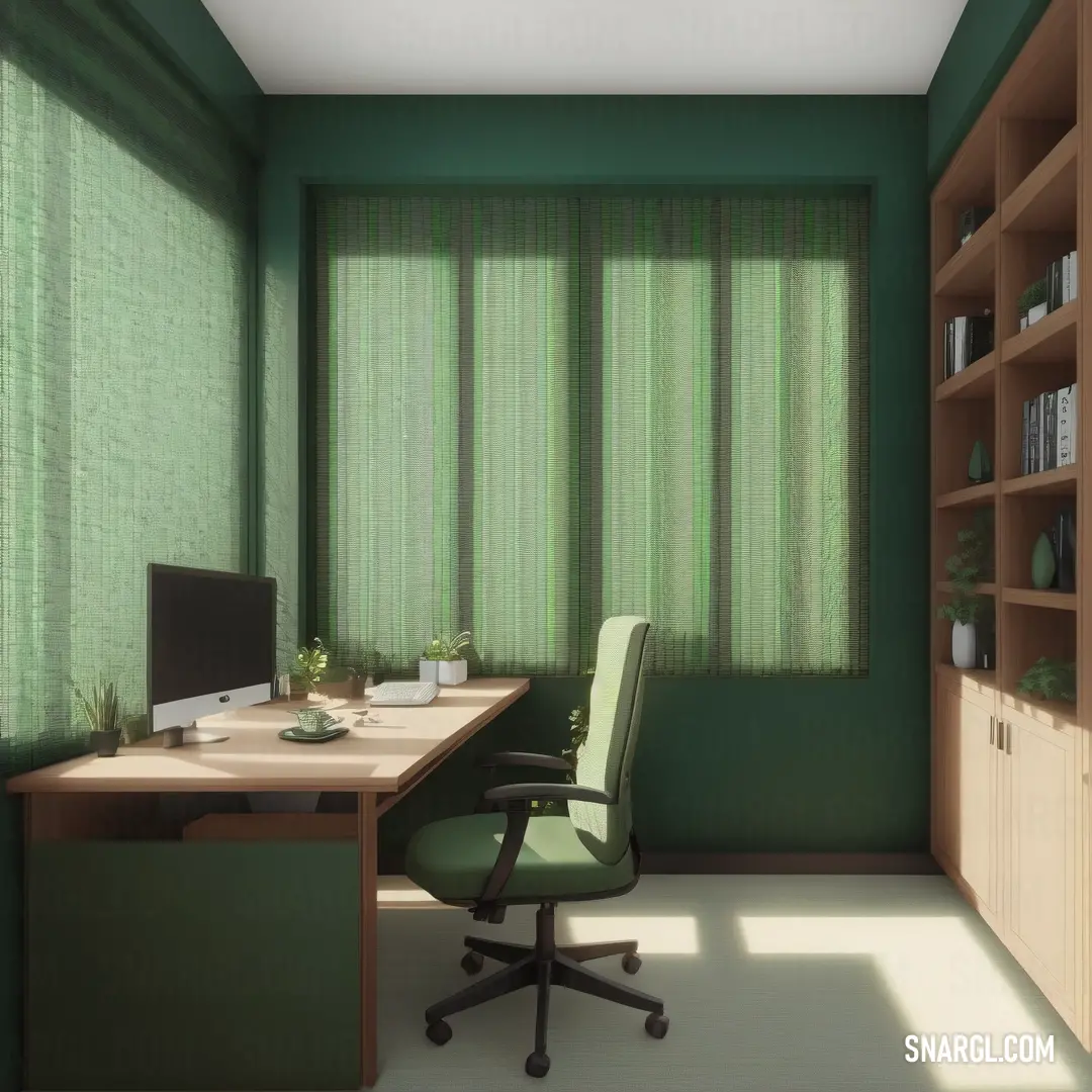 Computer desk with a monitor and a chair in a room with green walls and a bookcase with books