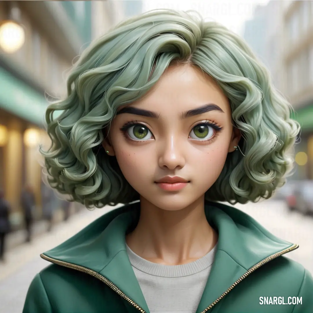 Digital painting of a woman with green hair and a green jacket on a city street with a car in the background. Example of Cambridge Blue color.