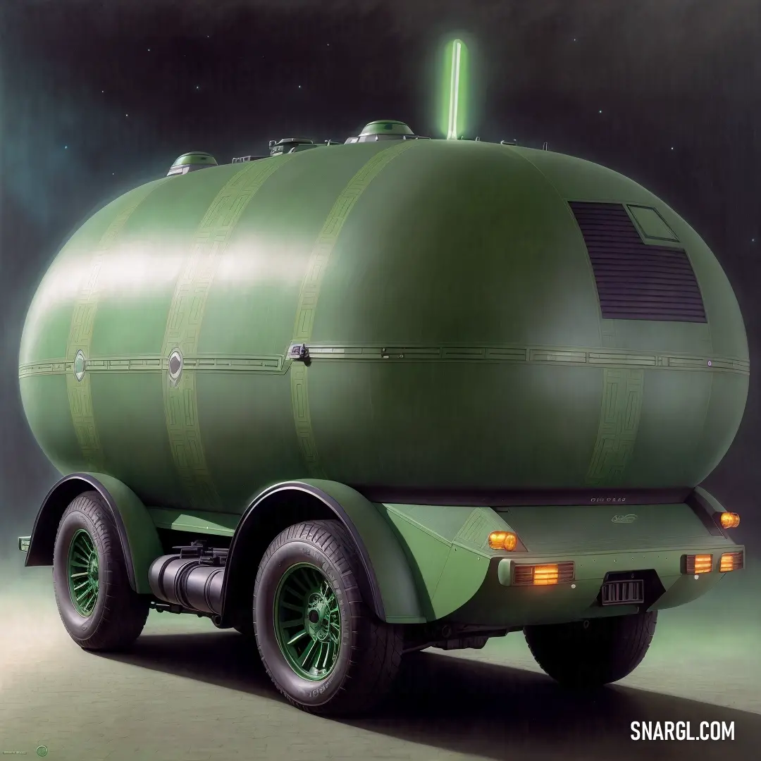 Green tank truck with a green light on the side of it's cab