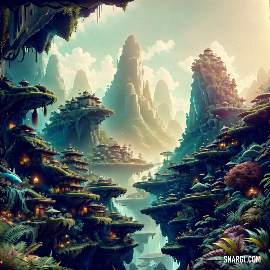 Painting of a fantasy landscape with a river and a mountain in the background with a lot of trees