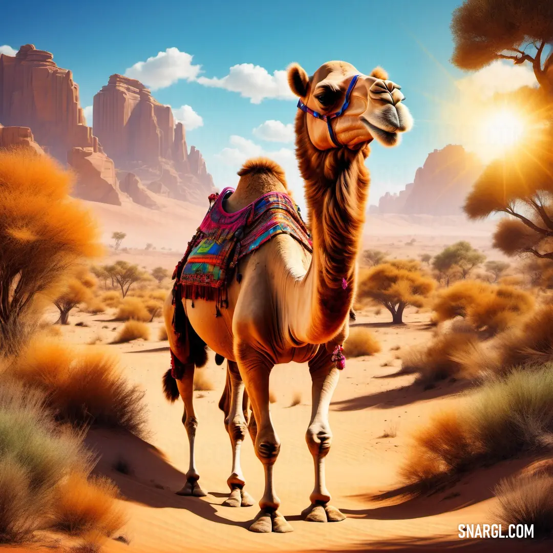 Camel in the desert with a mountain in the background