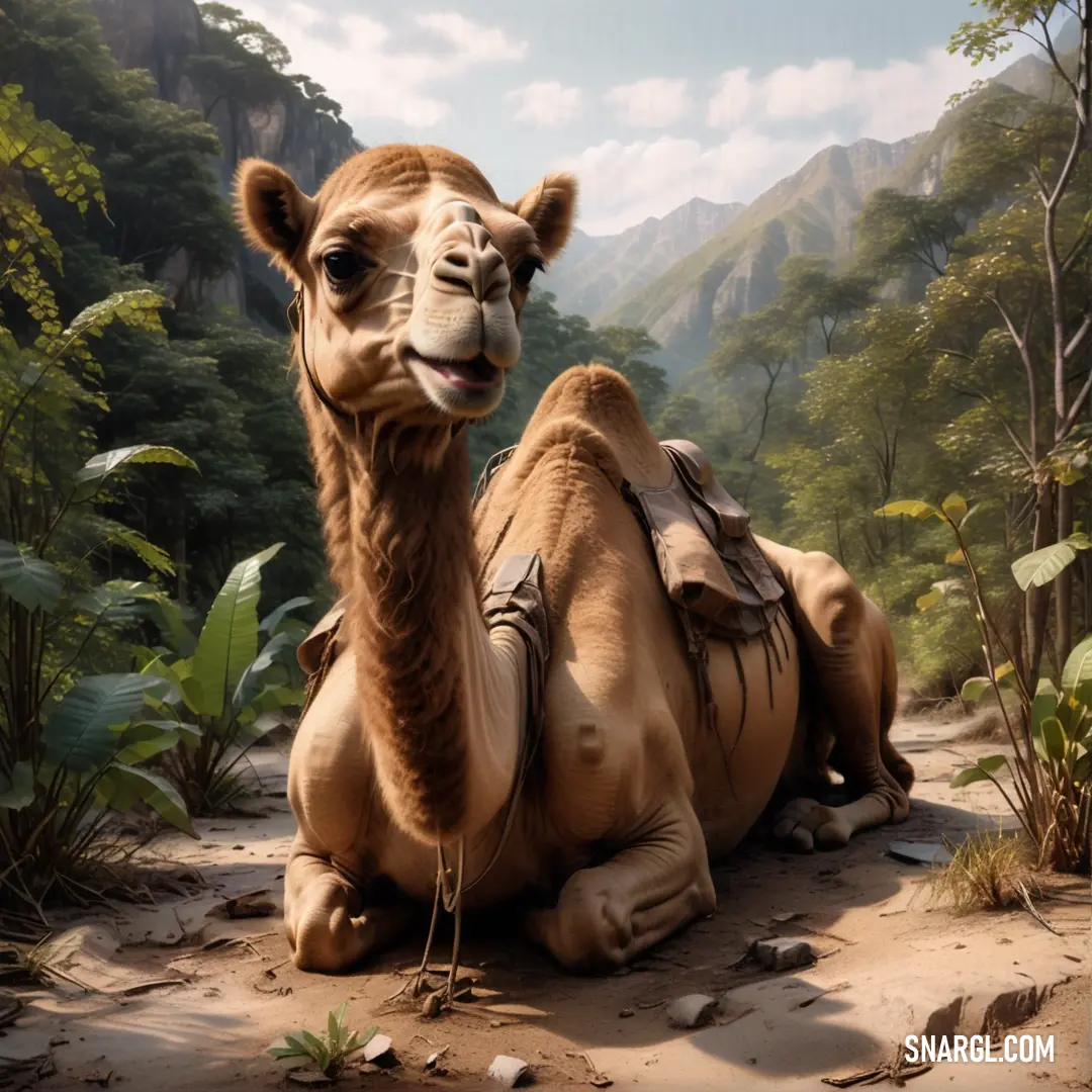 Camel on a dirt road in the middle of a jungle area with mountains in the background