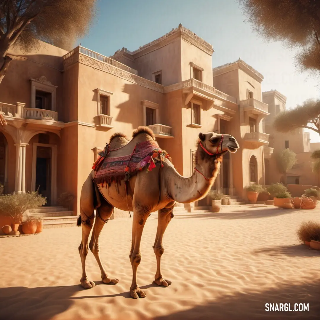 Camel standing in front of a building with a red blanket on it's back and a red blanket on its back