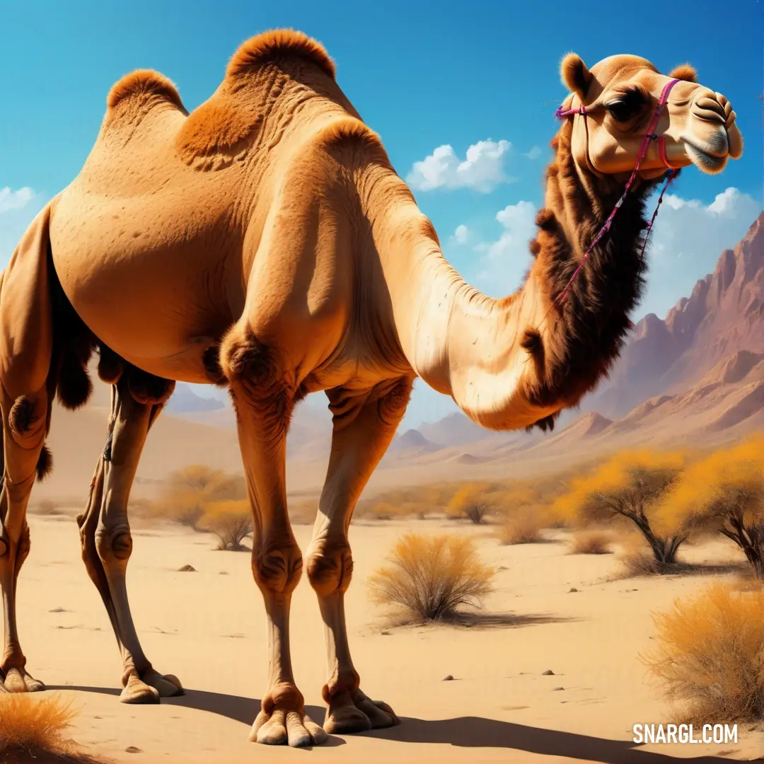 Camel standing in the desert with mountains in the background
