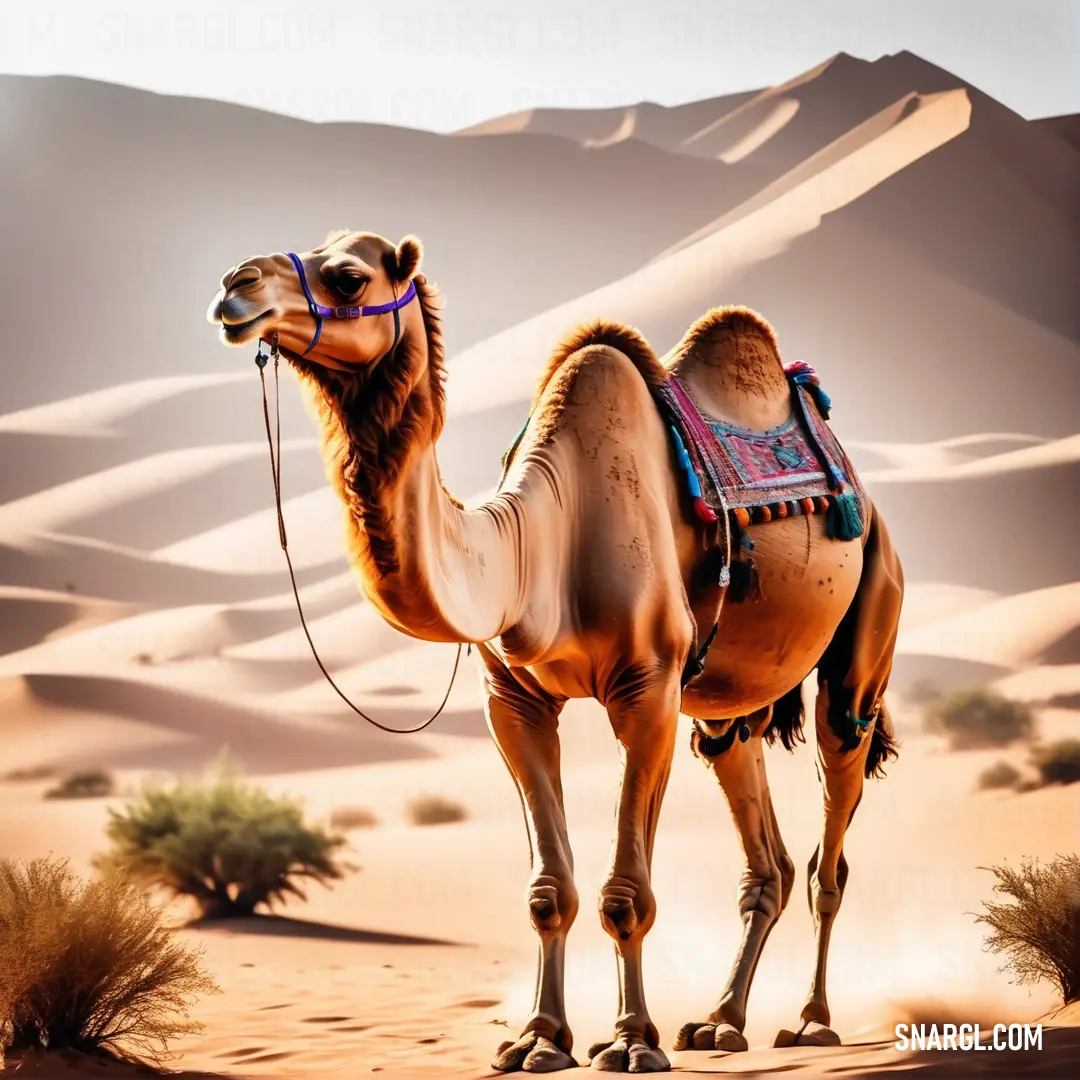 Camel standing in the desert with a mountain in the background