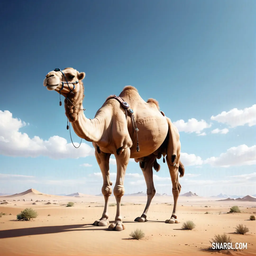 Camel standing in the desert with a sky background