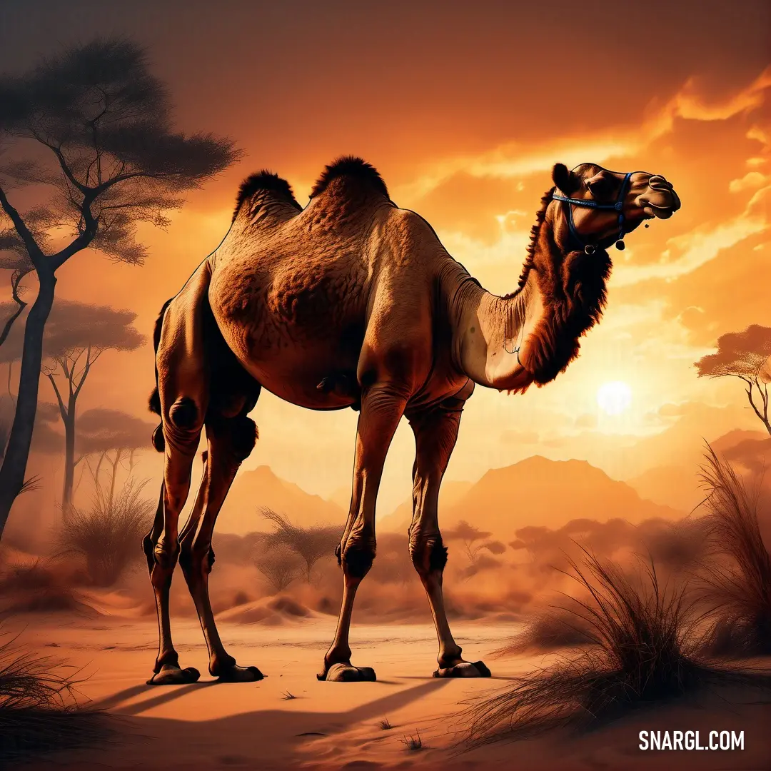 Camel standing in the desert with a sunset in the background