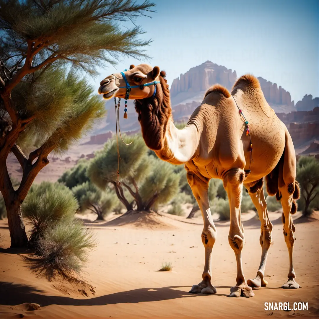 Camel standing in the desert with a mountain in the background