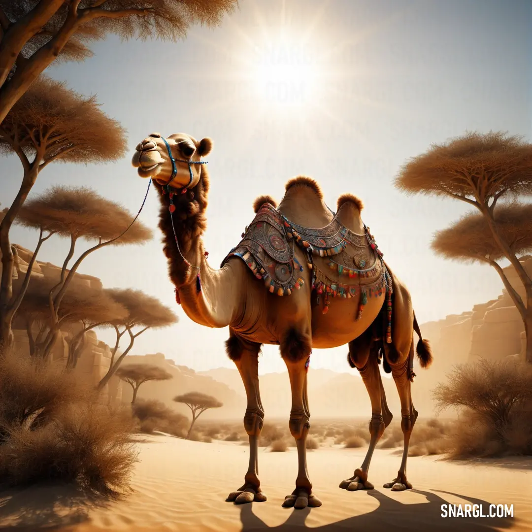 Camel standing in the desert with the sun shining behind it and trees in the background