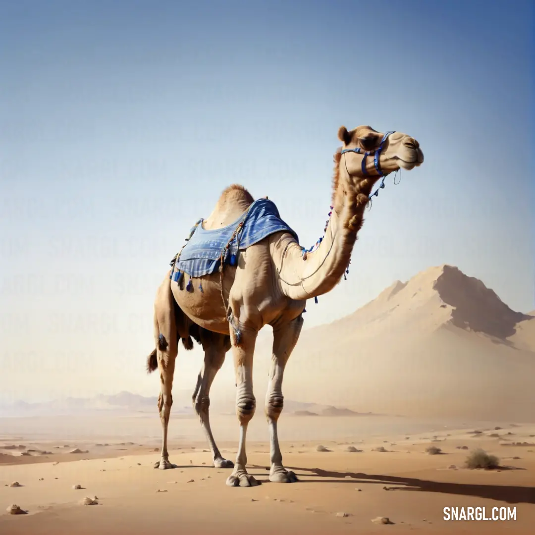 Camel with a saddle on its back in the desert with mountains in the background