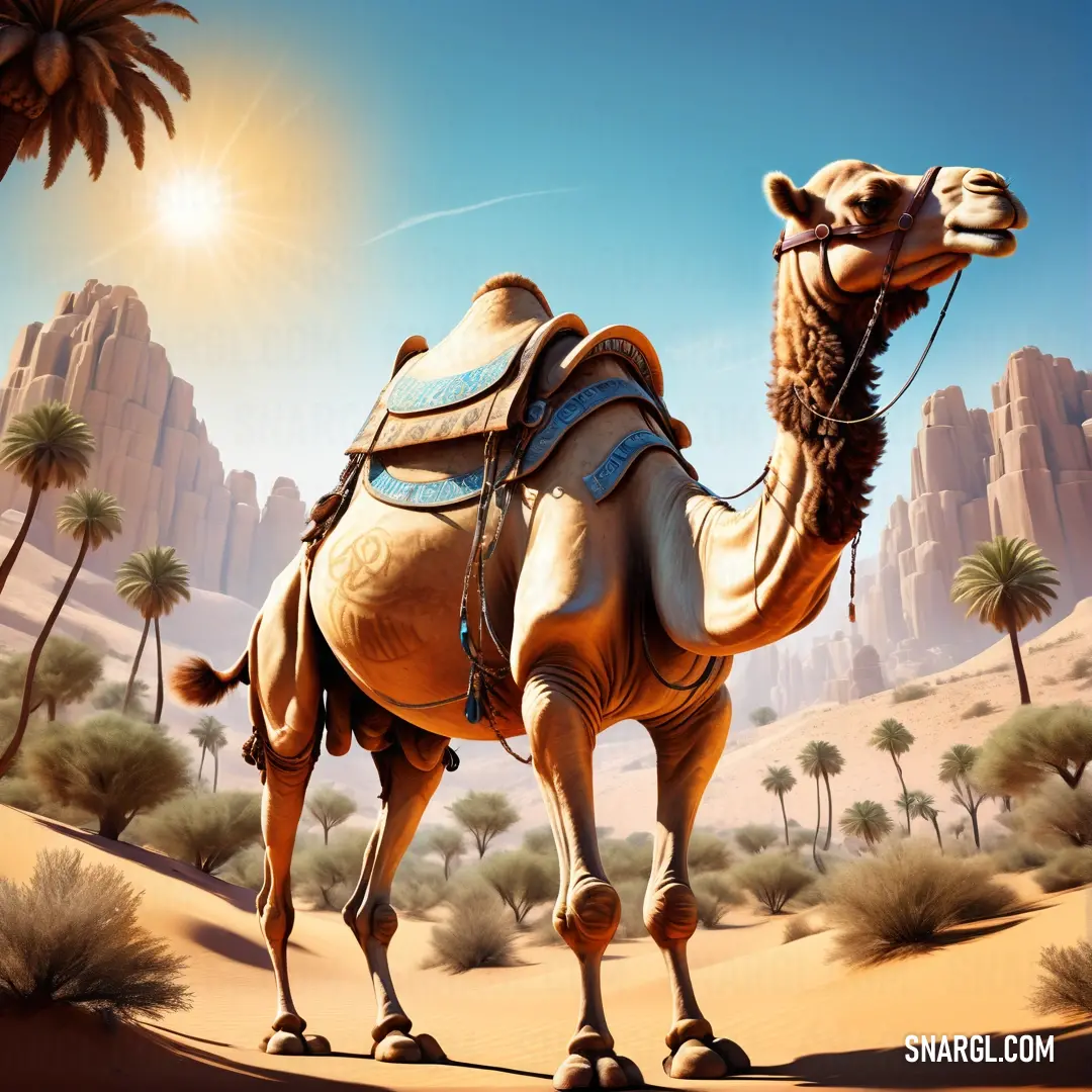 Camel with a saddle standing in the desert with palm trees and mountains in the background