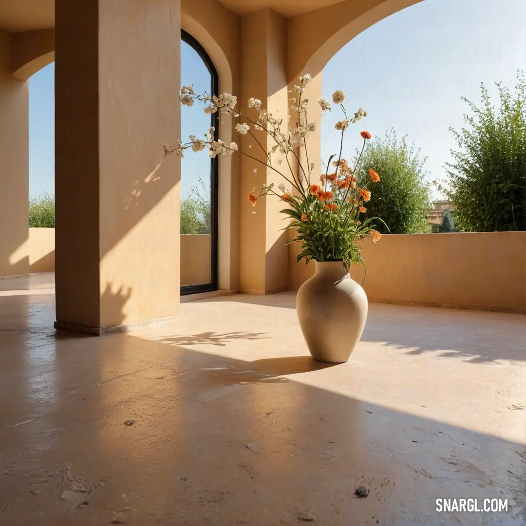 Camel color example: Vase with flowers in it on a patio near a building with arches and a door leading to another building