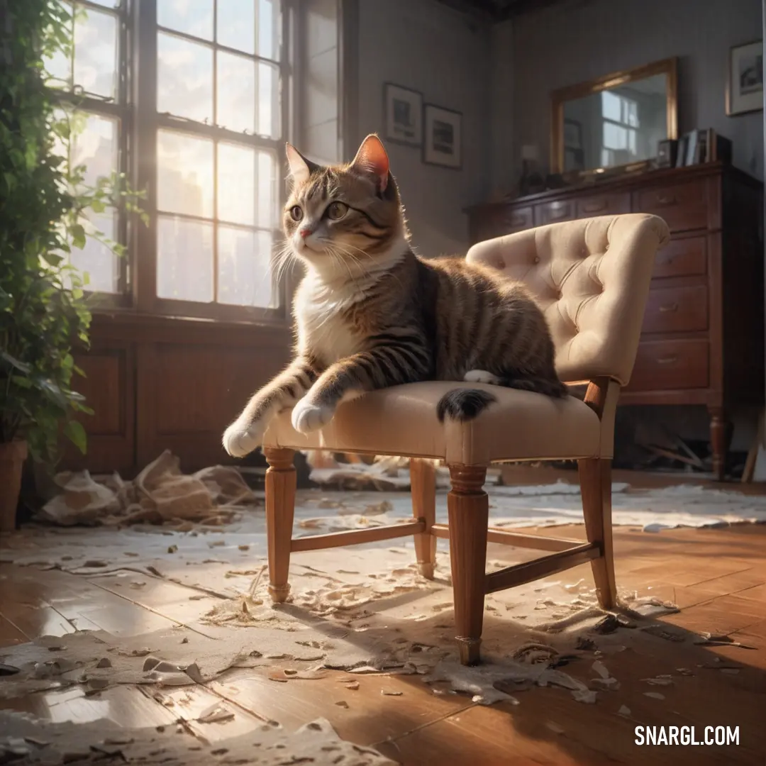 Camel color example: Cat on a chair in a room with a lot of debris on the floor and a window