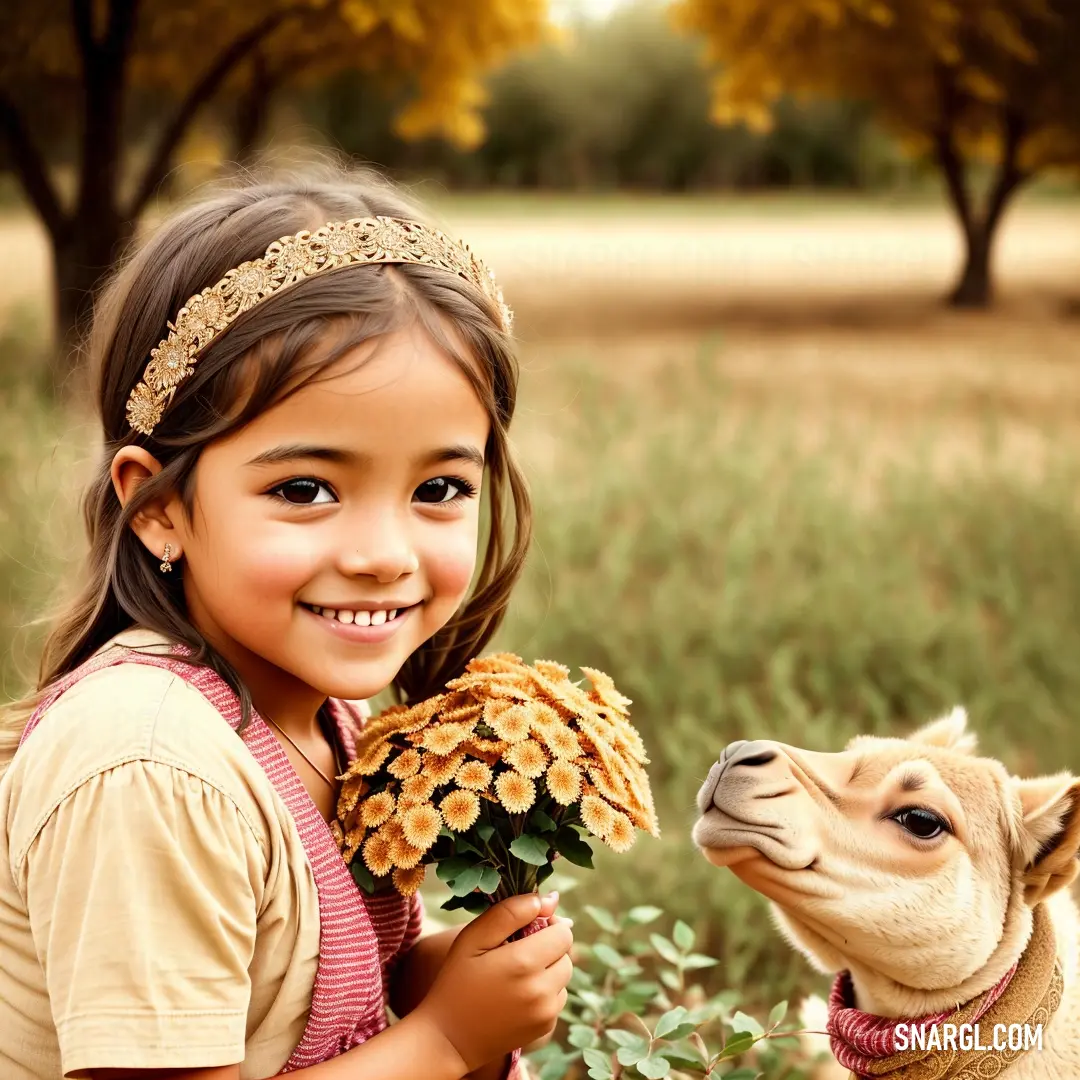 Little girl is holding a flower and a goat is looking at her with a smile on her face