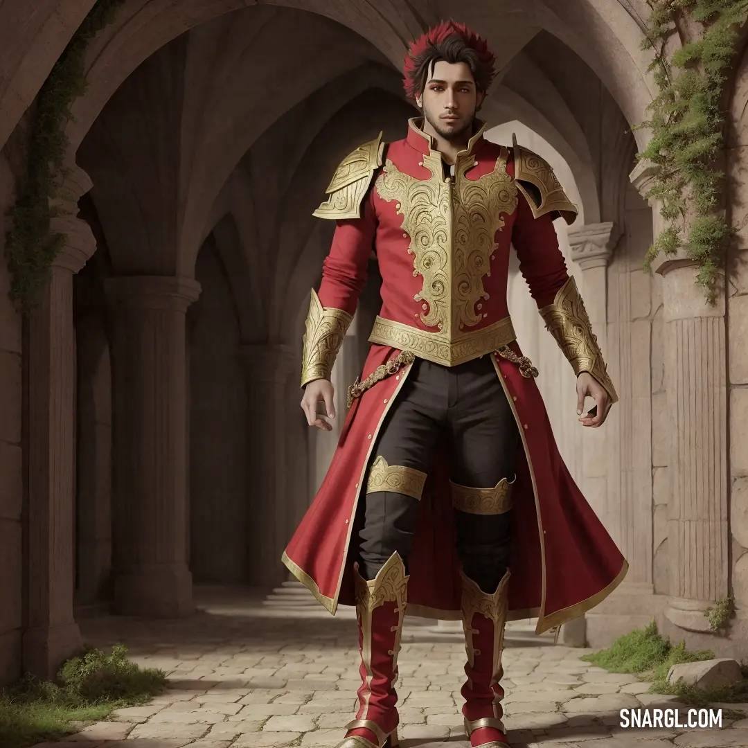 Man in a red and gold costume standing in a hallway with arches and columns in the background