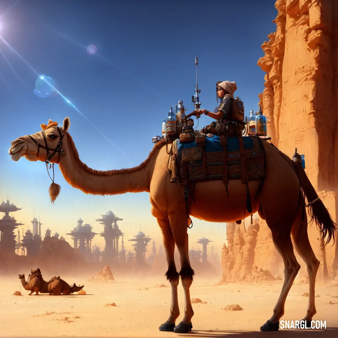 Man riding a camel in the desert with a camel laying down on the ground next to him