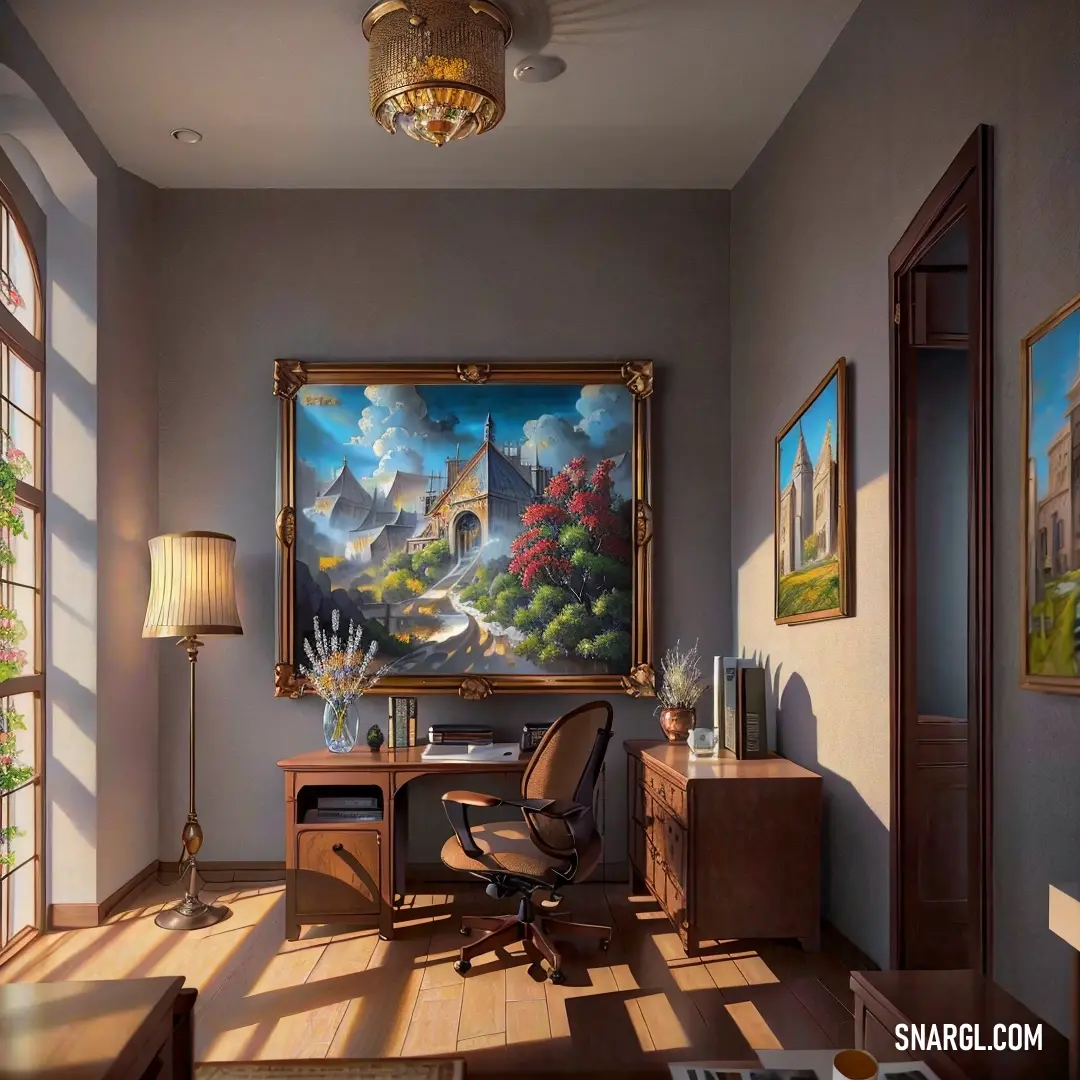 Painting hangs in a room with a desk