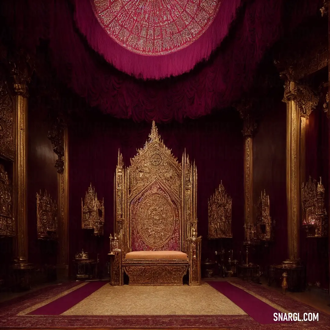 Throne in a room with a purple curtain and a red carpet and a gold throne on the floor