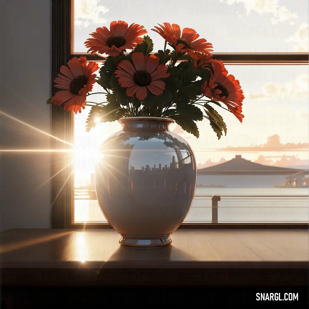 Vase with flowers on a table in front of a window with the sun shining through the window panes