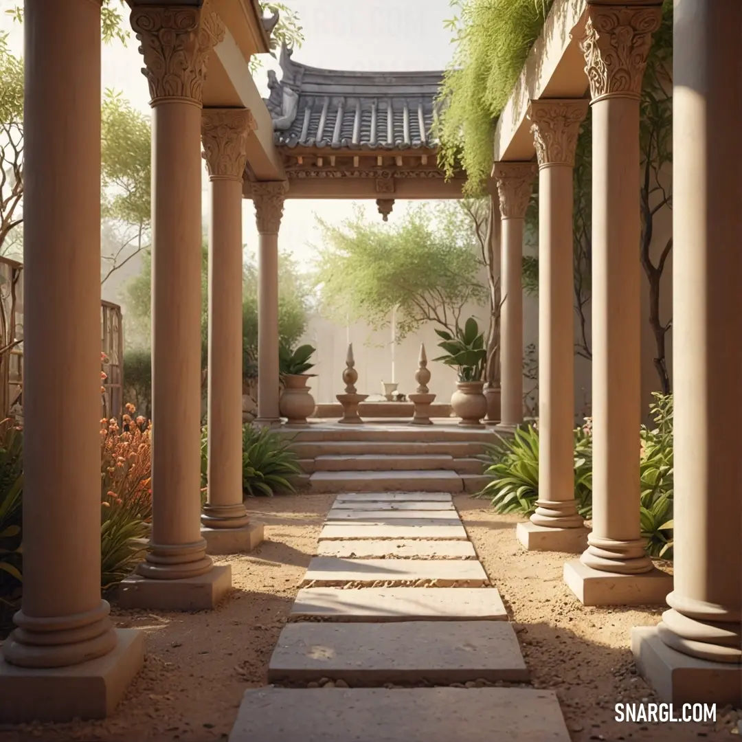 Walkway with columns and a clock on the wall in a garden area with a fountain and trees in the background. Color CMYK 0,20,45,24.