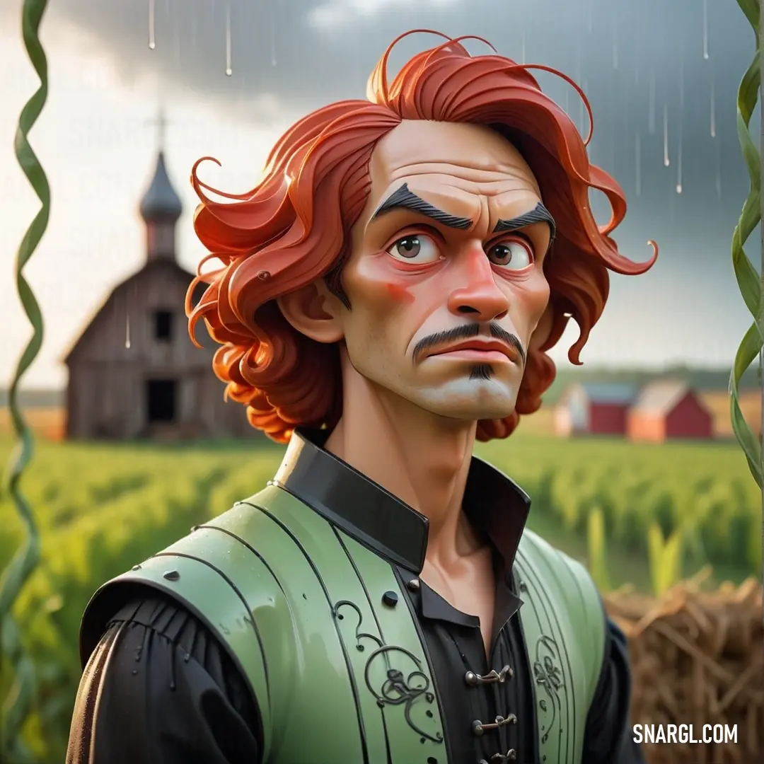Cartoon character with red hair and a green vest in a field of crops with a barn in the background. Example of CMYK 10,0,20,47 color.