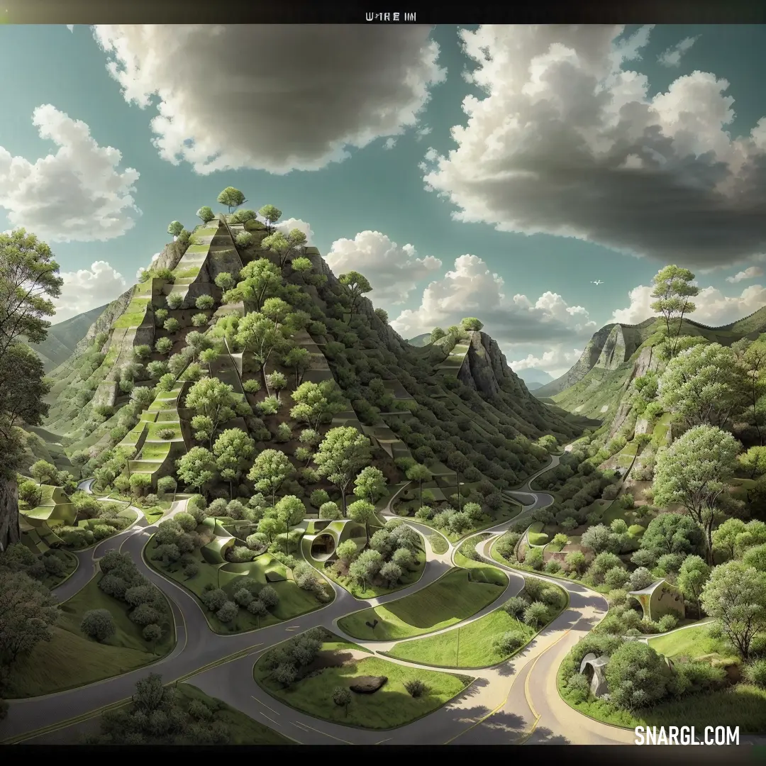 Digital painting of a scenic road in the mountains with a sky background and clouds above it