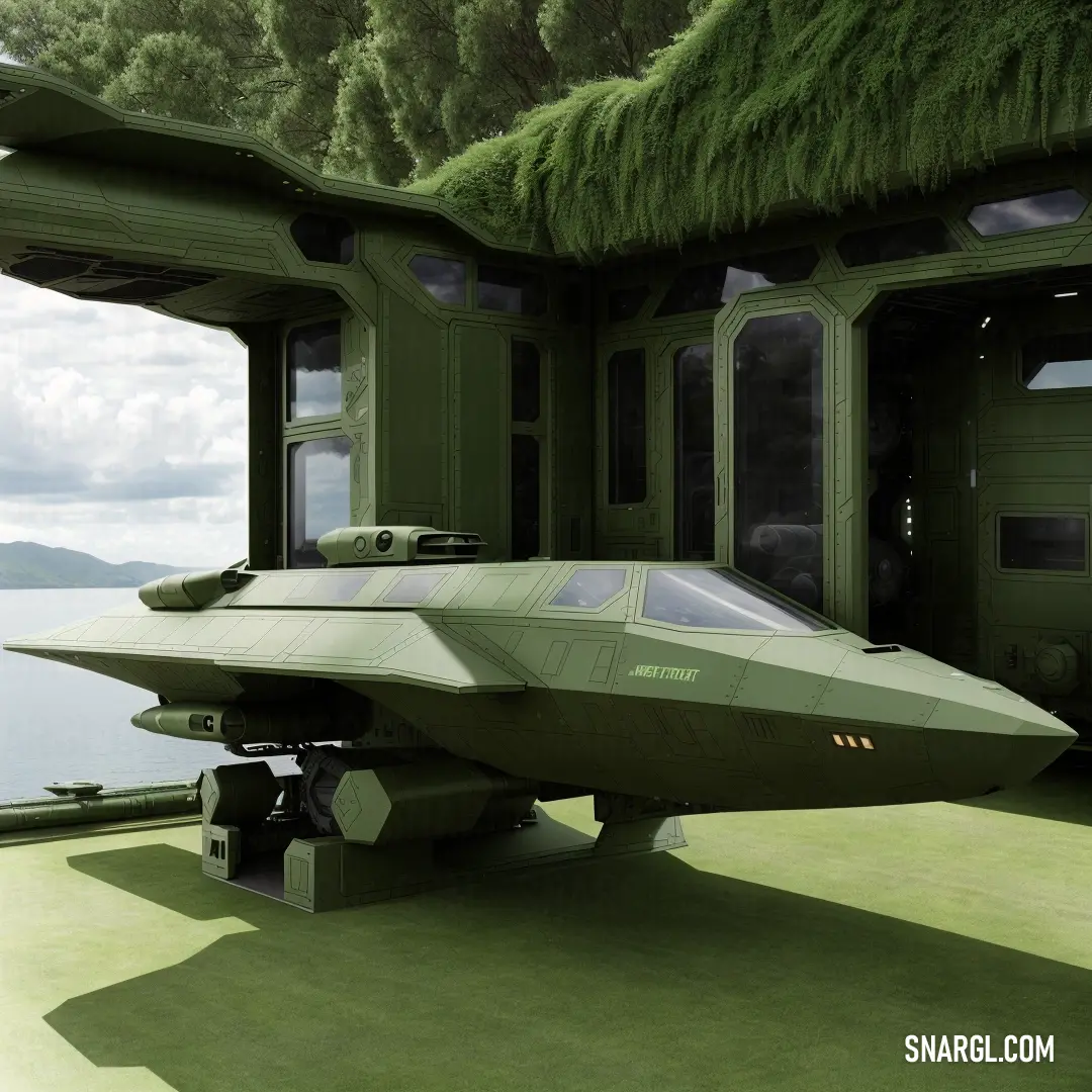 Green military plane parked in a green room with a window and grass roof on the roof of it