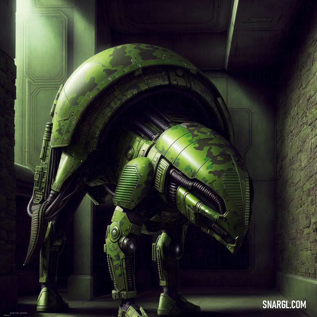 Green robot dog is standing in a tunnel with a brick wall and a door in the background